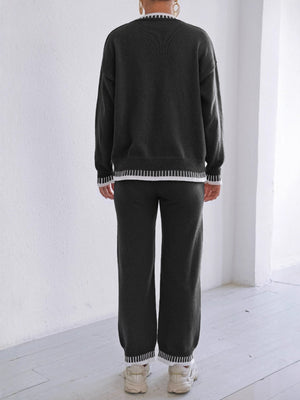 Contrast Trim Crew Neck Sweater And Pants Set in Taupe with contrast trim