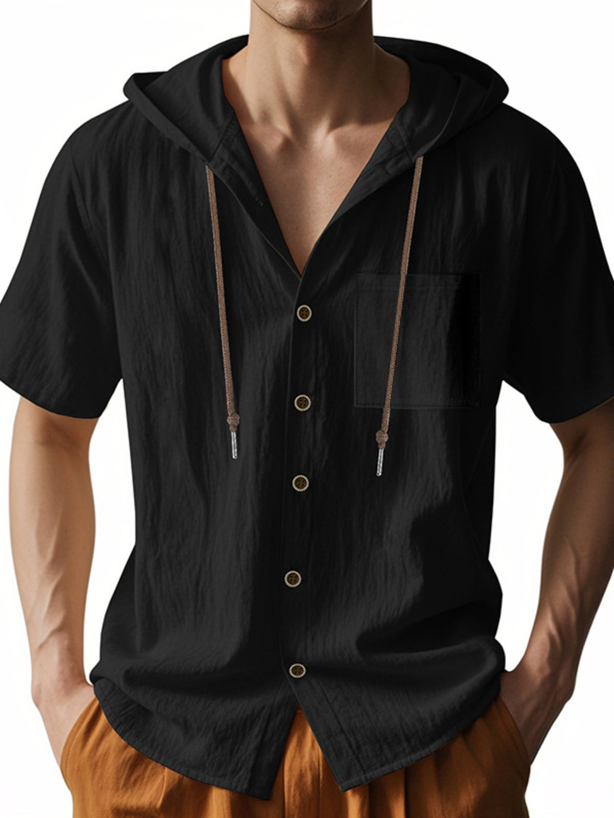 Men's black short sleeve hooded shirt with pocket and drawstring detail