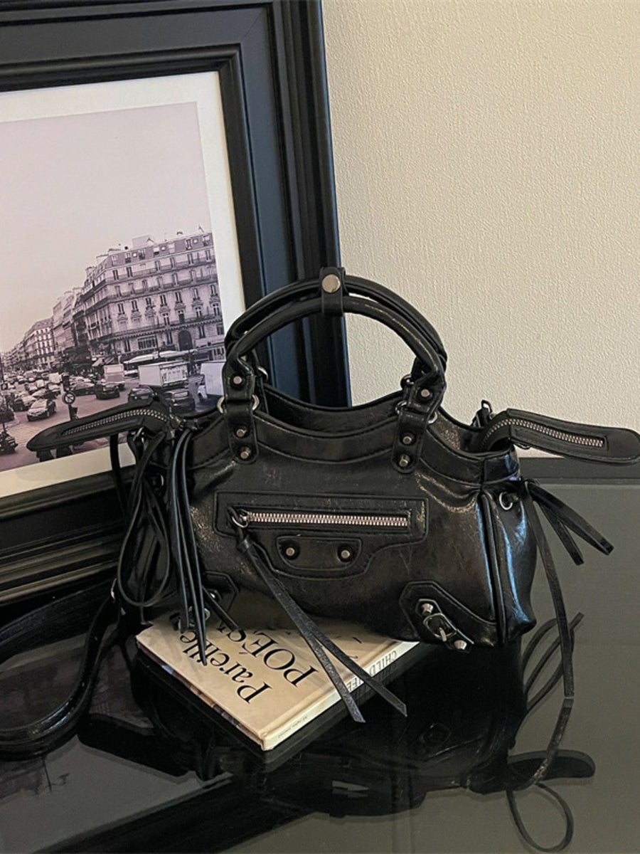 Tassel Leather Handbag Tote Bag in Black with tassels
