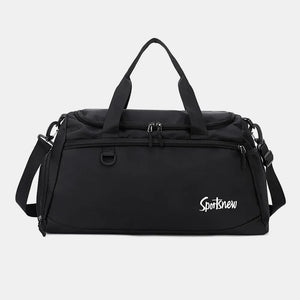 Black nylon duffle bag with mesh pocket and dual handles.