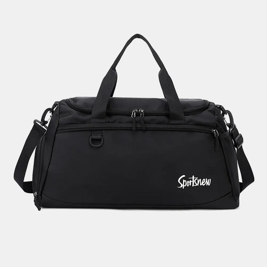 Black nylon duffle bag with mesh pocket and dual handles.