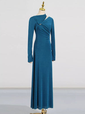 Blue with Cutout Ruched Long Sleeve Maxi Dress in Blue