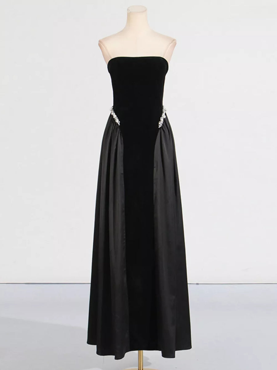 Lace Up Back Tube Maxi Dress in Black