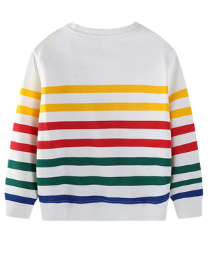 White kids sweatshirt with horizontal red, yellow, green, and blue stripes.