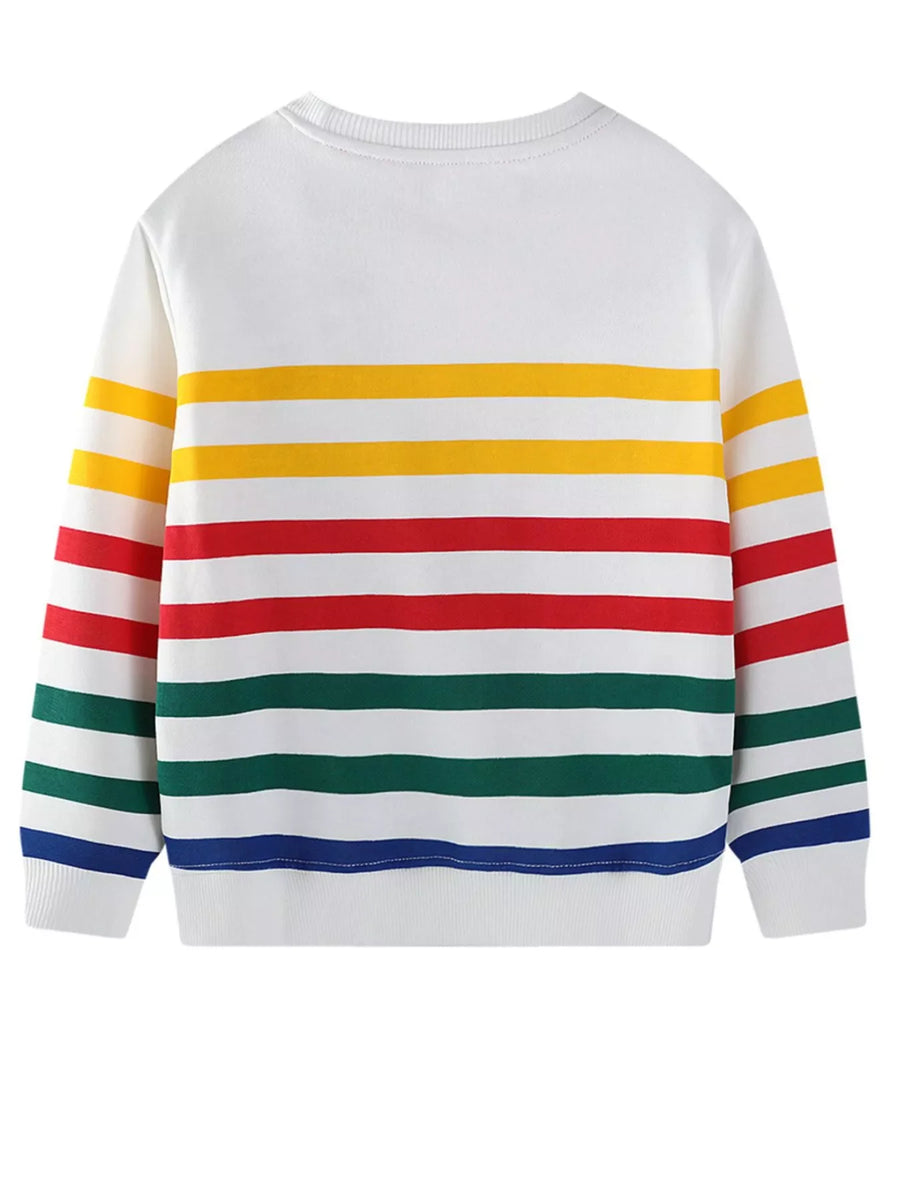 White kids sweatshirt with horizontal red, yellow, green, and blue stripes.
