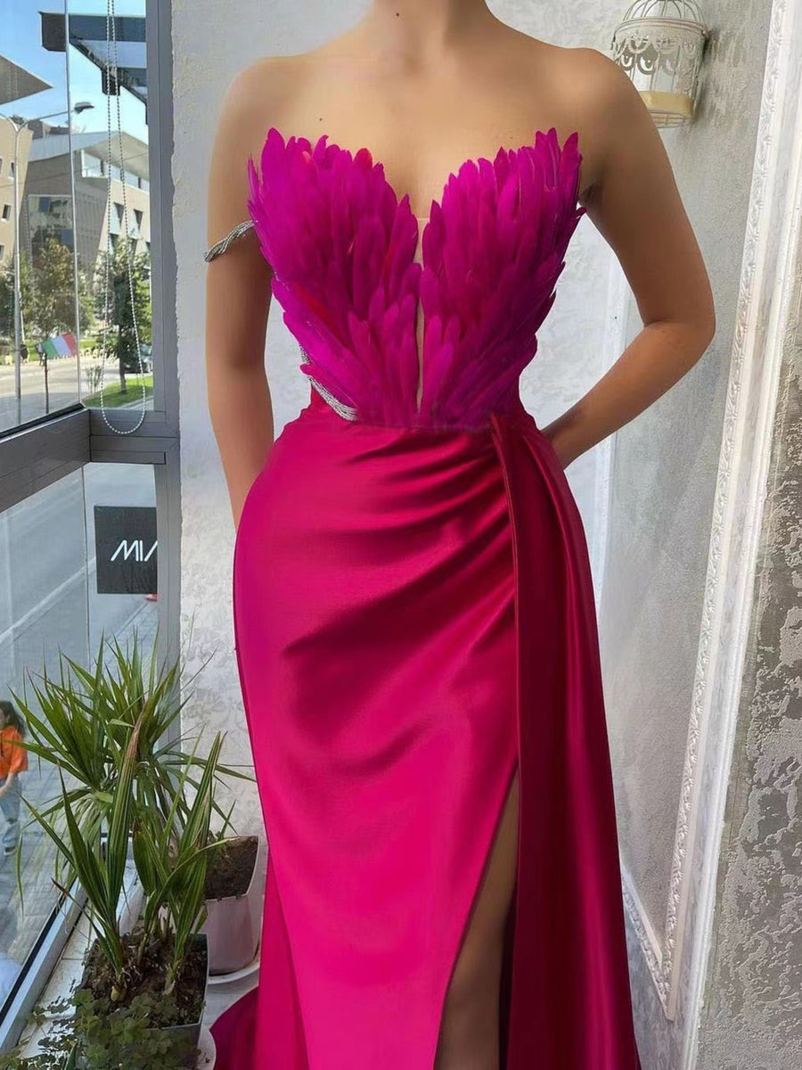 Rose red feather embellished maxi dress with draped skirt and high slit