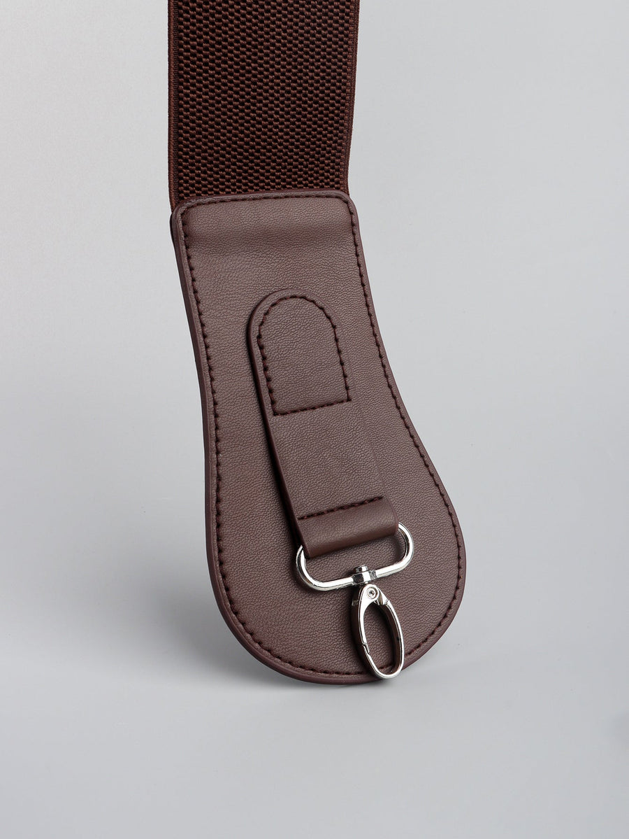 Brown elastic belt with faux leather tab and silver buckle detail