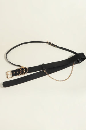 Black PU leather harness belt with gold chain detail and multiple rings.