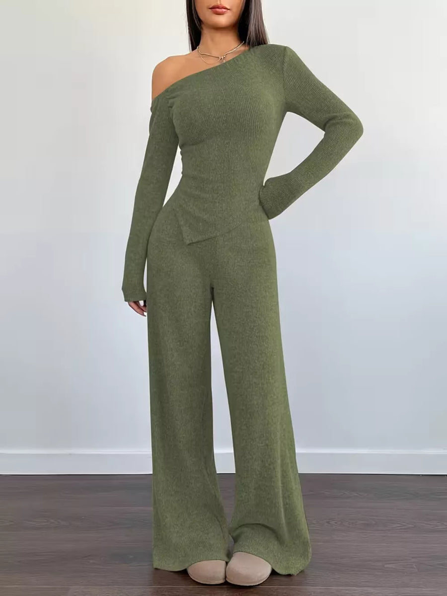 Light Gray Chic One-shoulder Asymmetrical Top & Wide-leg Pants Set