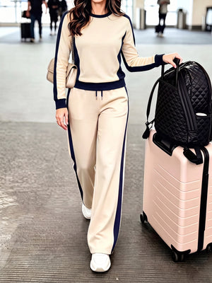 cream lounge set with striped and crew neck
