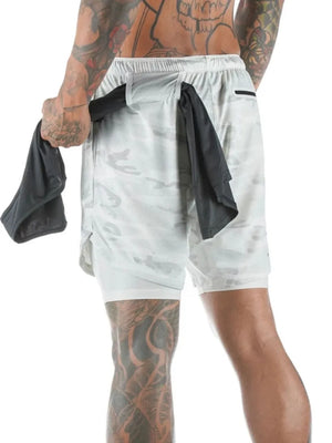 Camouflage layered performance shorts in white with built-in compression shorts and black towel detail.