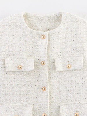 White tweed cropped button-up jacket with gold buttons and pocket details.