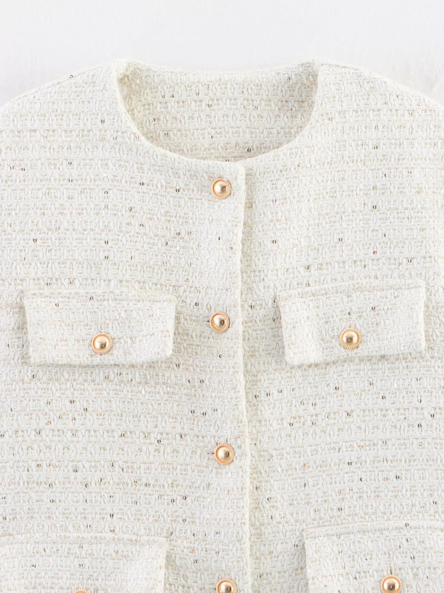White tweed cropped button-up jacket with gold buttons and pocket details.