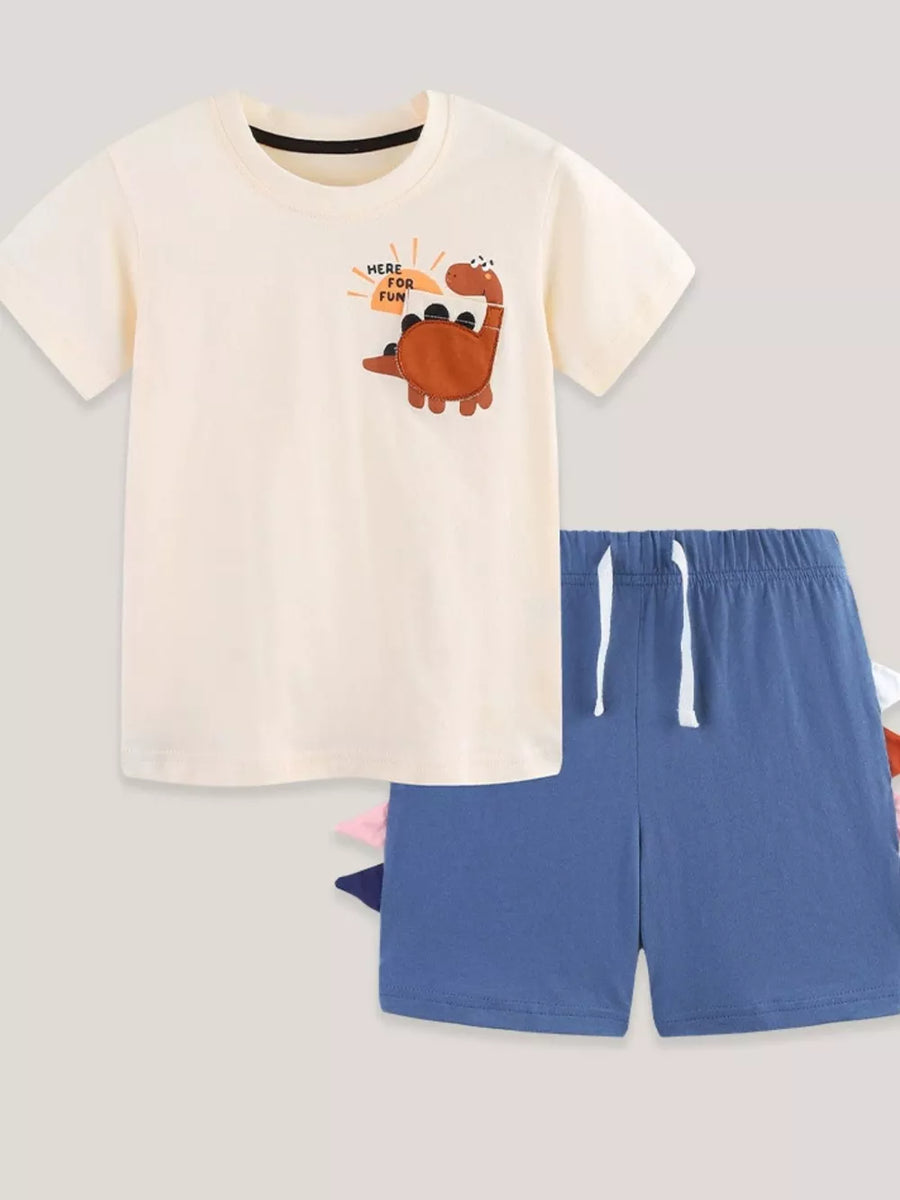 Baby boys' cream cotton tee with dinosaur graphic and blue shorts with dinosaur tail details.