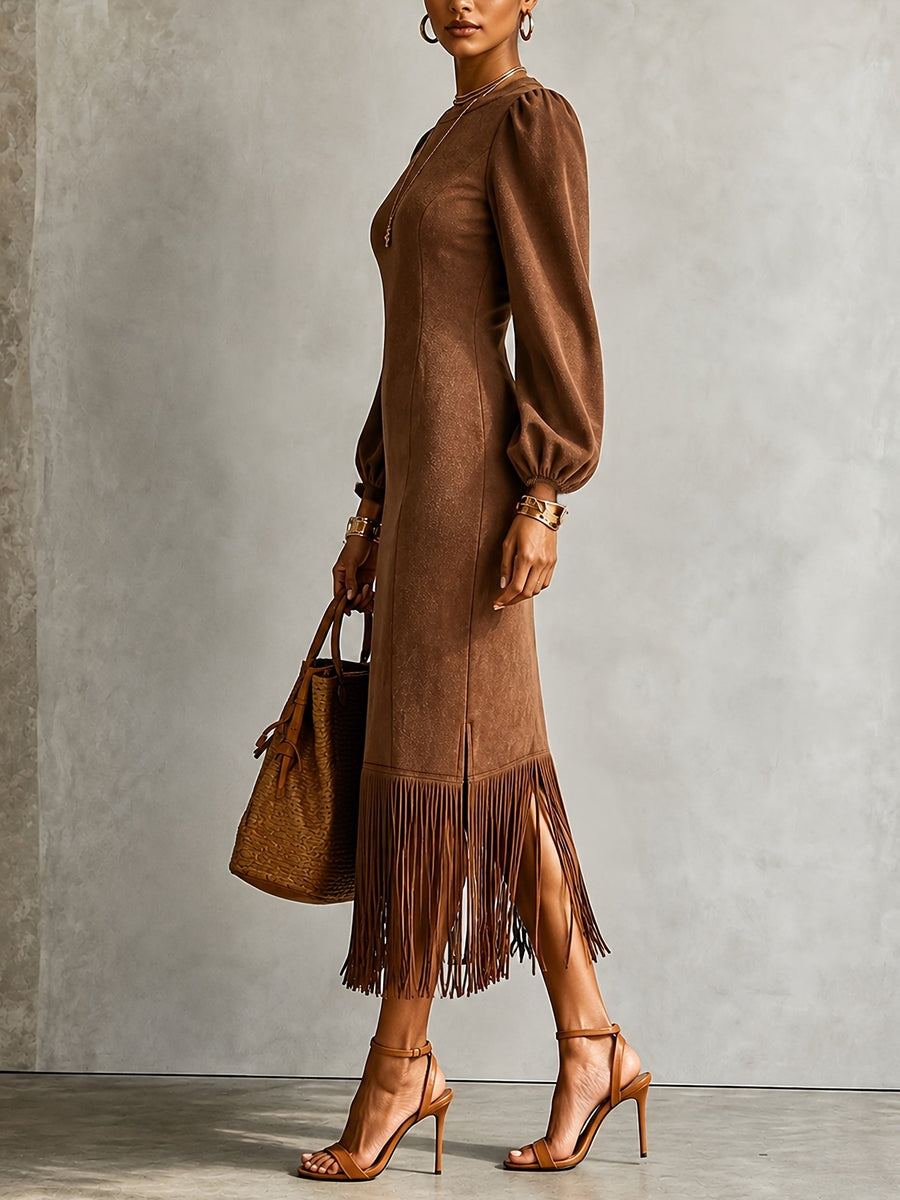 100% polyester Care instructions: Machine wash cold midi dress in Camel with fitted silhouette