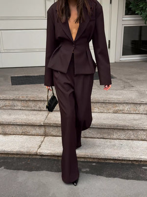 Dark Brown with One-button Blazer And Wide-leg Pants Set