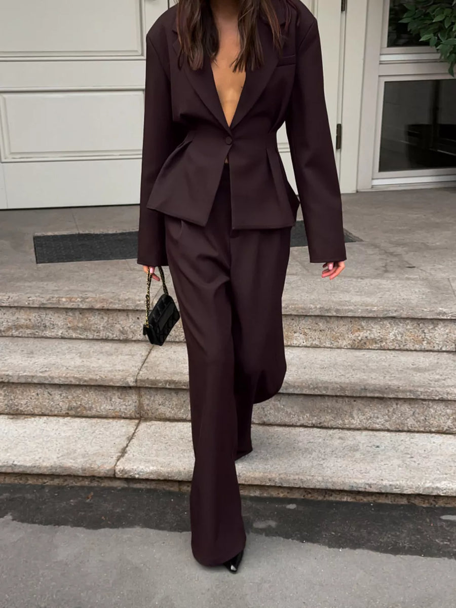 Dark Brown with One-button Blazer And Wide-leg Pants Set