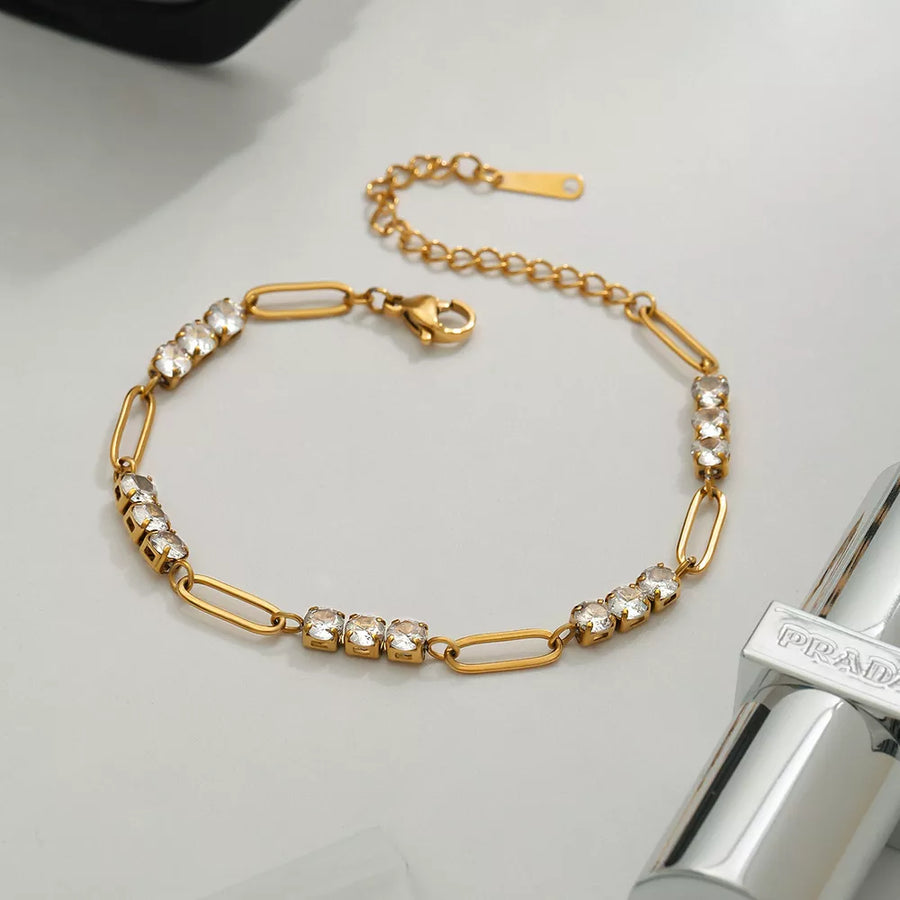 18k Gold-plated Stainless Steel Rhinestone Chain Bracelet in Style C with rhinestone embellishment