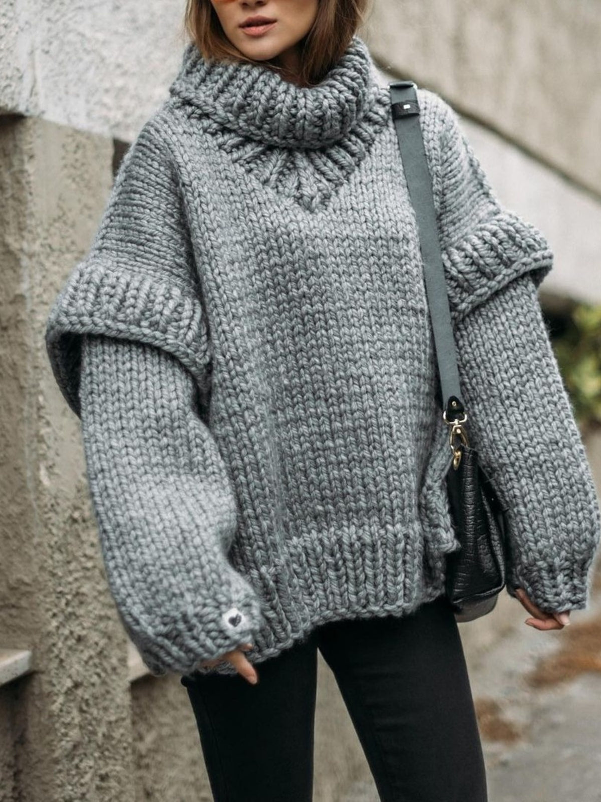 Gray oversized turtleneck sweater with turtleneck