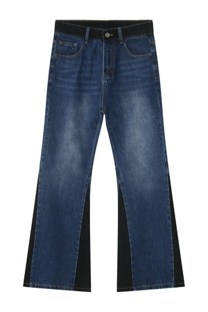 Contrast panel bootcut denim trousers in medium blue with black side panels.