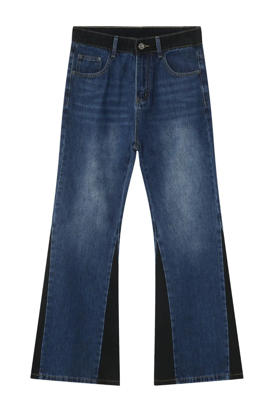 Contrast panel bootcut denim trousers in medium blue with black side panels.