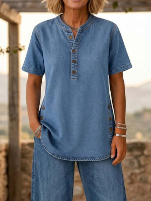Sky Blue relaxed pajama set with mandarin collar
