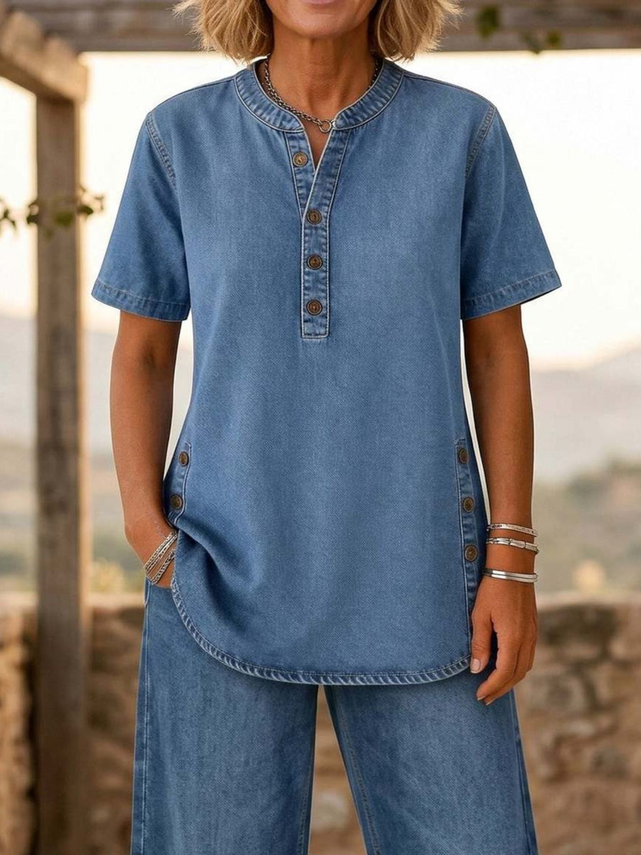 Sky Blue relaxed pajama set with mandarin collar