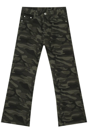 Camo flare denim trousers in green camouflage pattern with a relaxed fit.