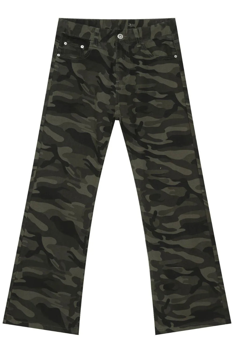 Camo flare denim trousers in green camouflage pattern with a relaxed fit.