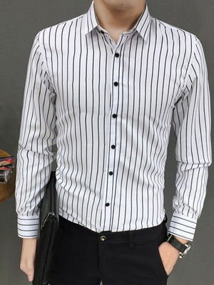 Men's black and white striped button-up shirt, cotton, casual long sleeve.