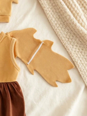 mustard yellow costume set with sleeveless and sleeveless