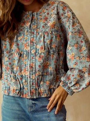 Cropped denim trucker jacket with floral print, elastic cinched waist and cuffs