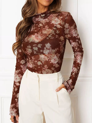 Floral Print Sheer Mesh Long Sleeve Mock Neck Top in Leopard with sheer