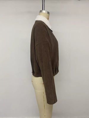 Contrast Sherpa Collar Corduroy Zip Up Jacket in Brown with sherpa collar