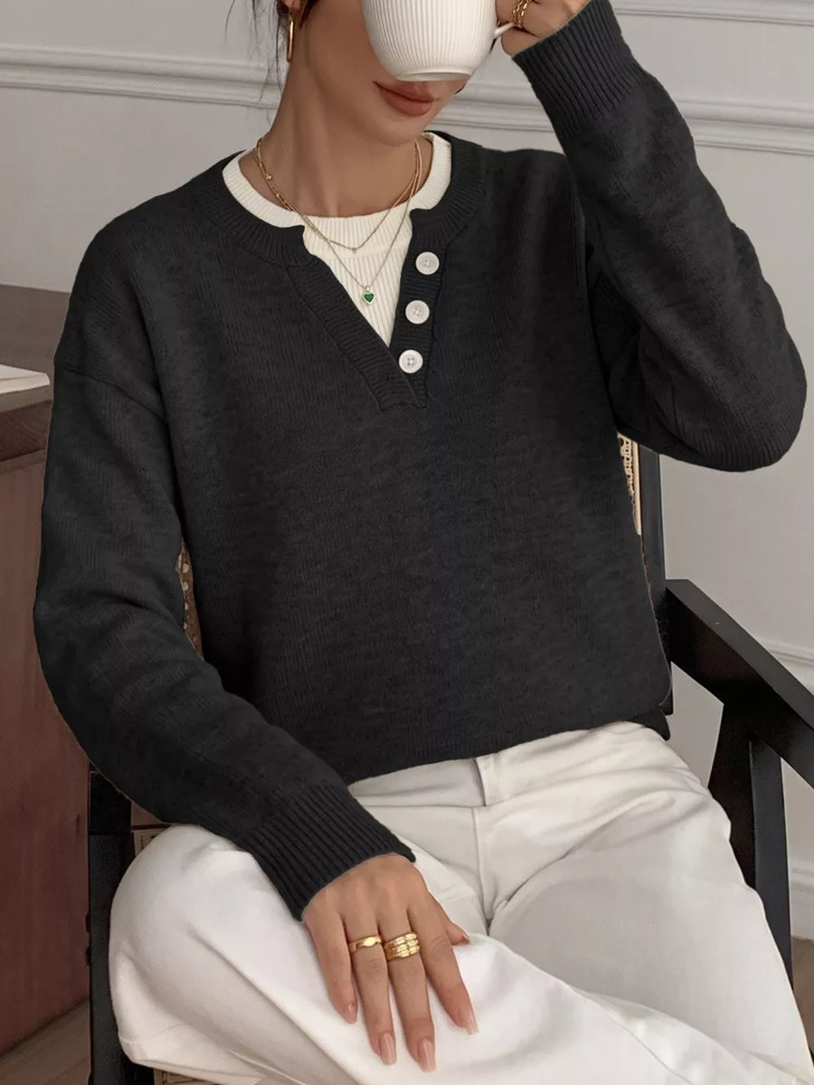 Decor Button-placket Ribbed Knit Sweater in Coffee Brown with decorative buttons