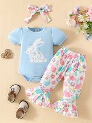 Light blue bunny bodysuit with "Happy Easter" graphic and floral bunny print bell bottoms with headband.
