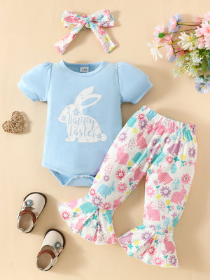 Light blue bunny bodysuit with "Happy Easter" graphic and floral bunny print bell bottoms with headband.