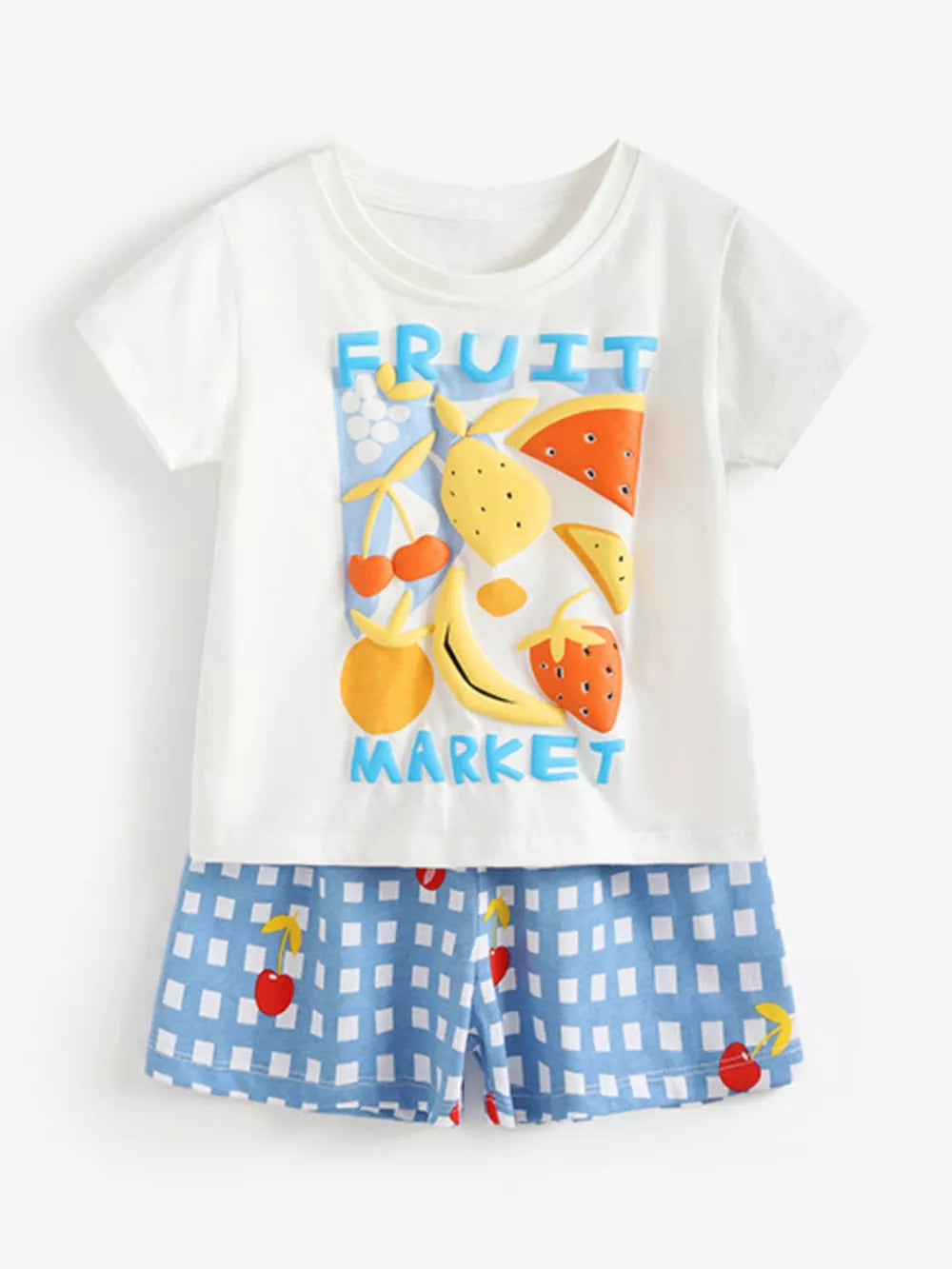 Baby fruit market graphic tee and blue gingham shorts set