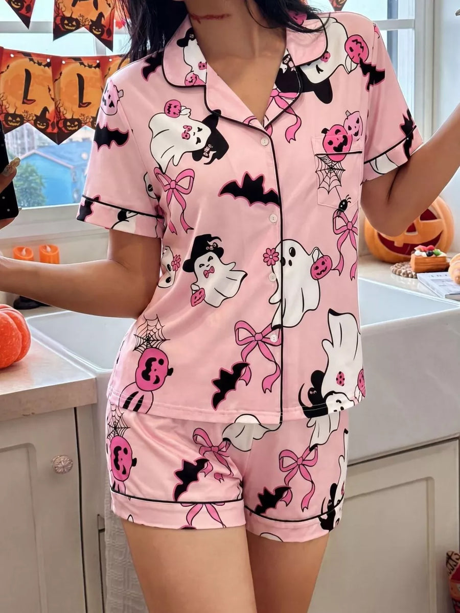 pajama set in Yellow with Halloween print and buttoned