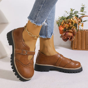 Buckle Round Toe Platform Loafers in Brown with round toe