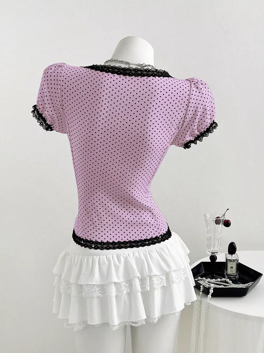 Polka Dot Lace Trim Puff Sleeve Top, view 18