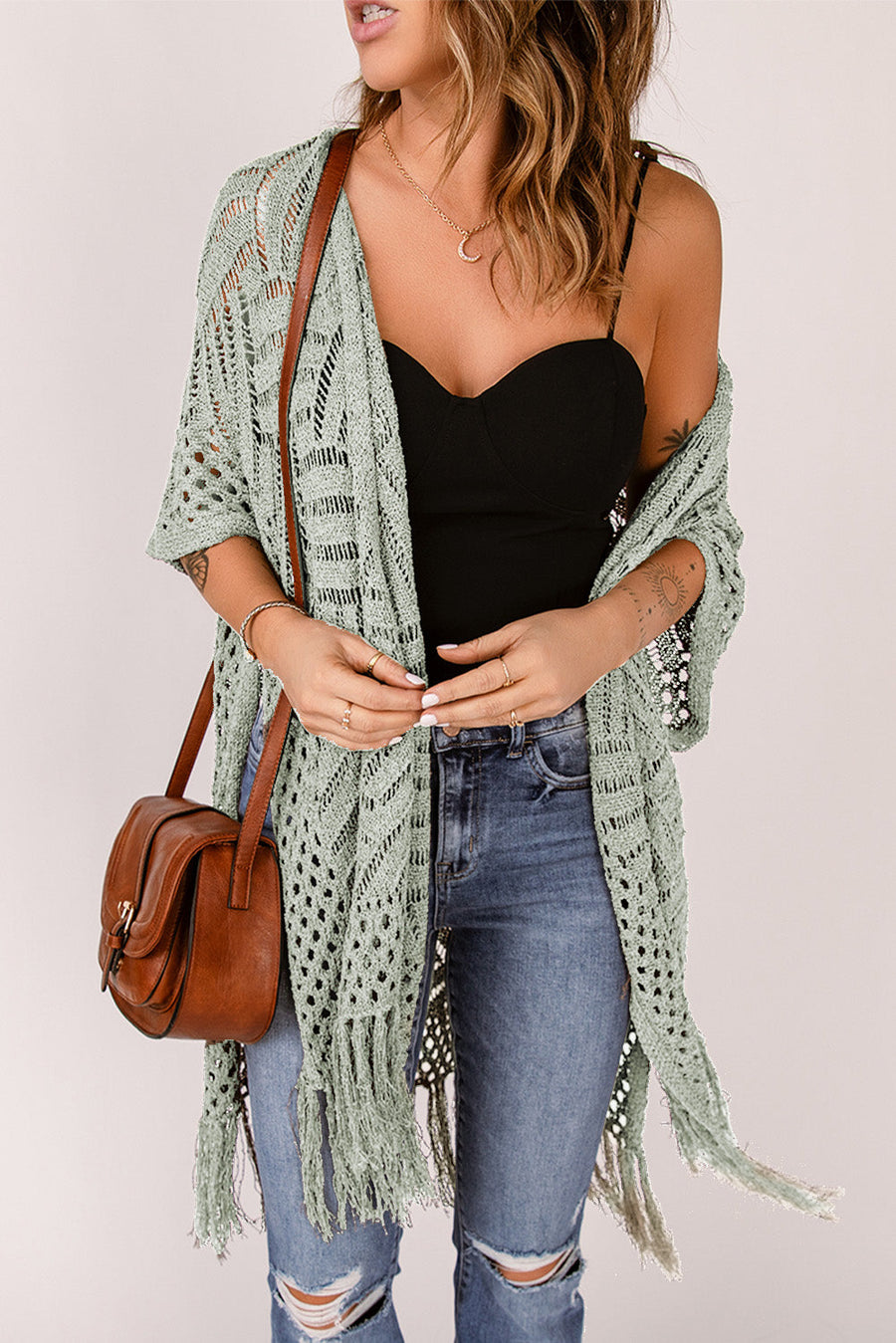 Sage open knit chevron fringe cardigan with short sleeves and a boho vibe.