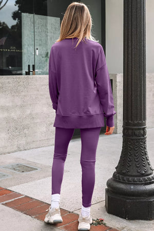 65% polyester, 35% cotton Care instructions: Machine wash cold lounge set in deep purple with relaxed silhouette