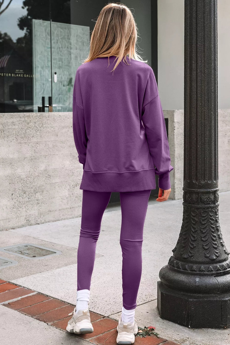 65% polyester, 35% cotton Care instructions: Machine wash cold lounge set in deep purple with relaxed silhouette