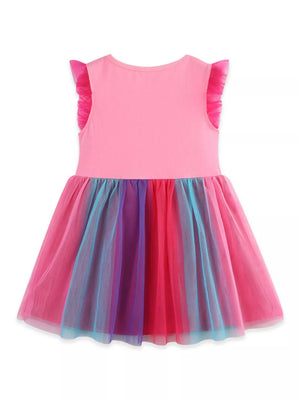 Pink baby dress with ruffled tulle sleeves and a rainbow striped tulle skirt.