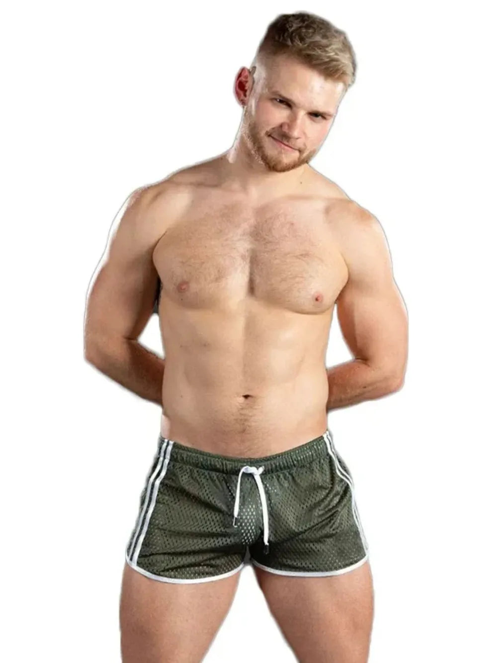 Army green athletic mesh shorts with white trim and drawstring waist