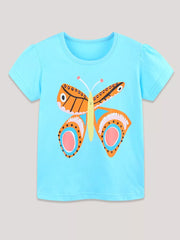 Blue cotton t-shirt with a colorful butterfly graphic, short sleeves, and round neckline.