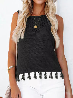 Black knit sleeveless top with crochet detail and tassel hem
