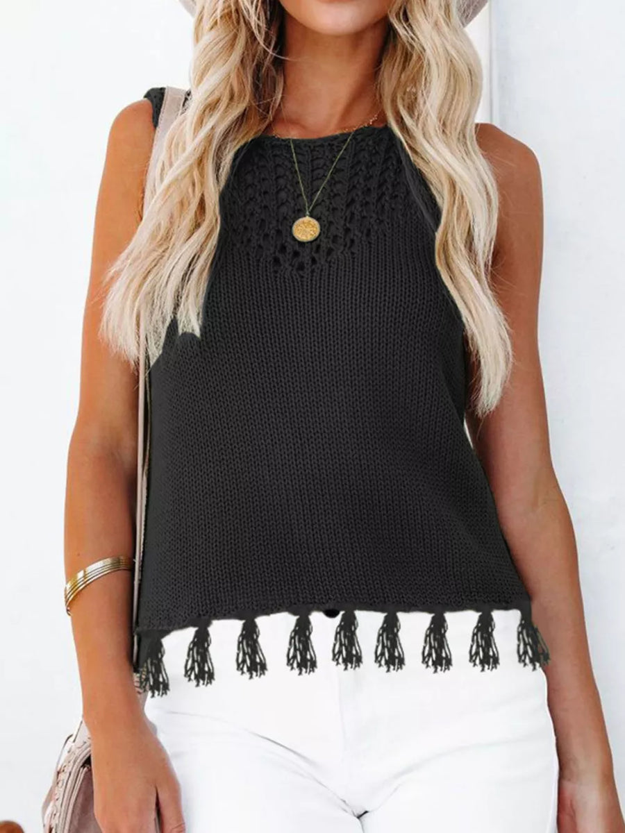 Black knit sleeveless top with crochet detail and tassel hem