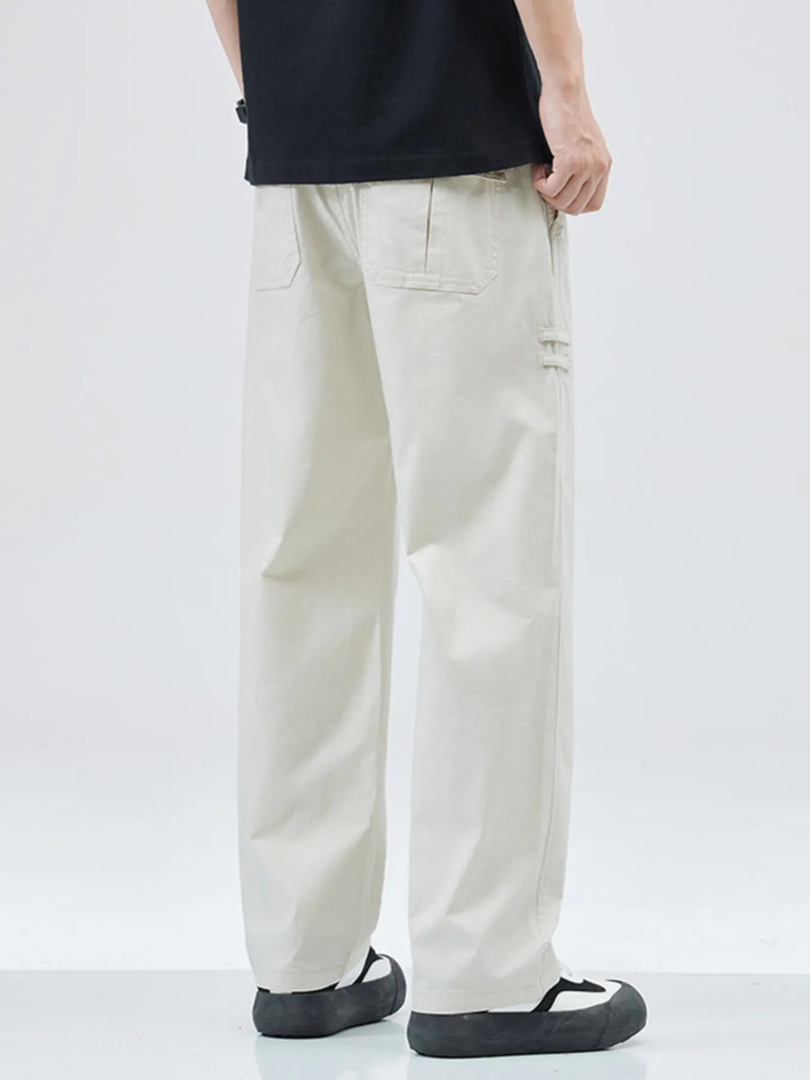 Beige casual loose fit straight leg trousers with back pockets and side detail.